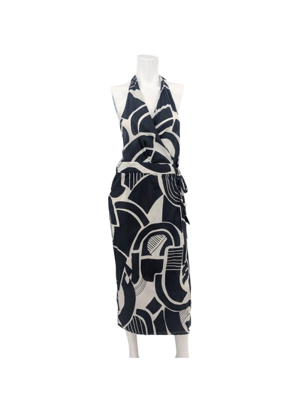 Abstract Print Halter Wrap Midi Dress Coastal Resort Tropical Open Back Medium